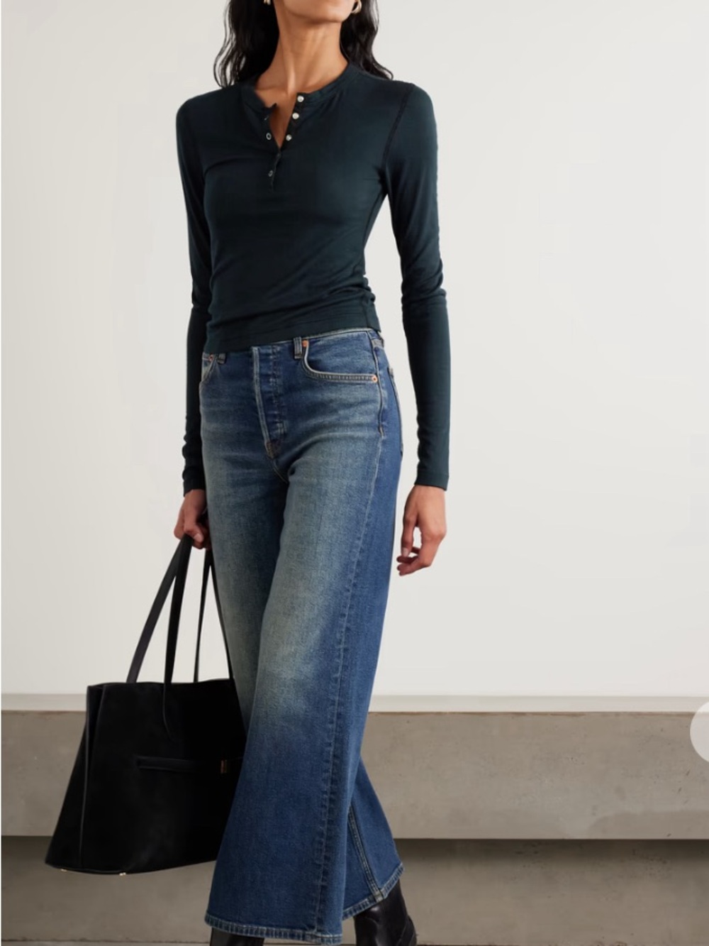Re/Done Black Ribbed Long-Sleeve Henley